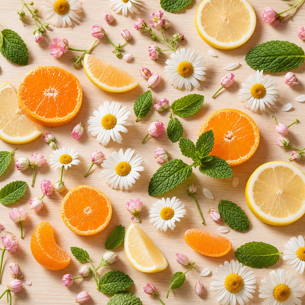 Papatya, mandalina dilimleri, limon ve nane yapraklarından oluşan ferah koku notaları flat-lay düzeni