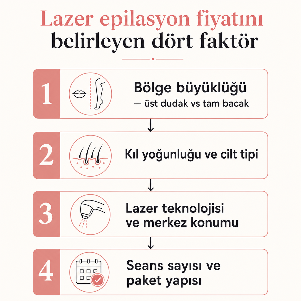 Lazer epilasyon fiyatını etkileyen dört faktörü sıralayan dikey infografik