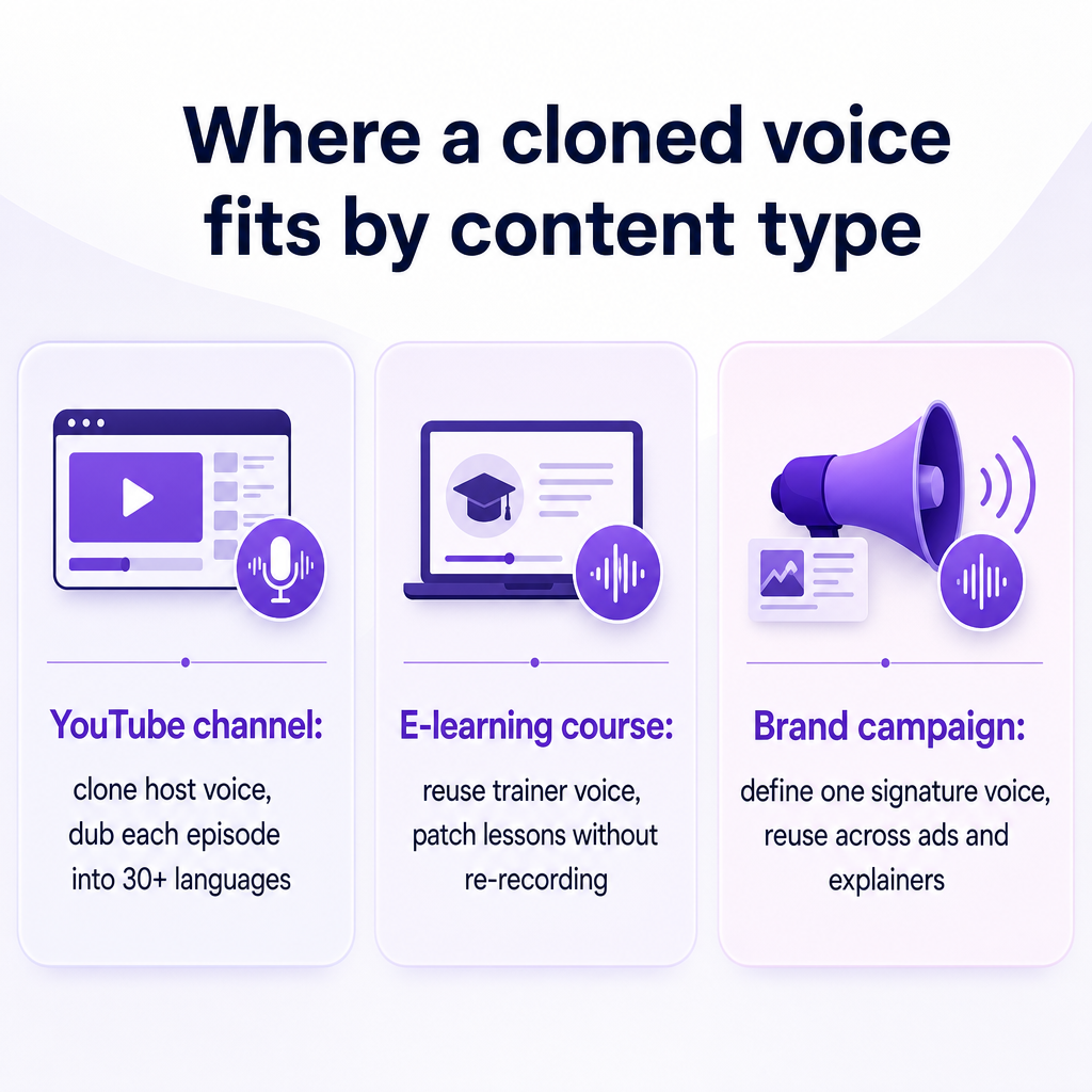 Tiga kolom yang membandingkan penggunaan suara yang dikloning untuk kanal YouTube, kursus e-learning, dan kampanye merek