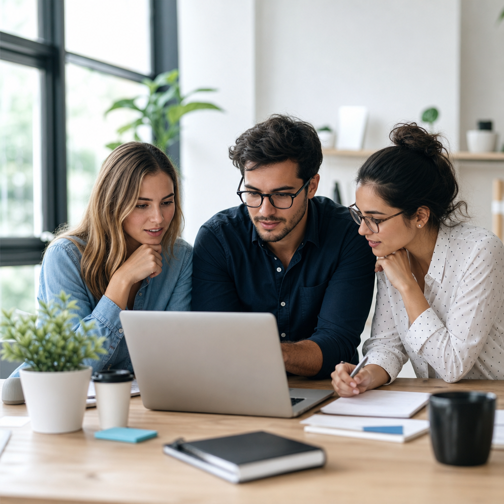 Ein kleines Marketingteam überprüft Inhalte auf einem Laptop in einem hellen Büro