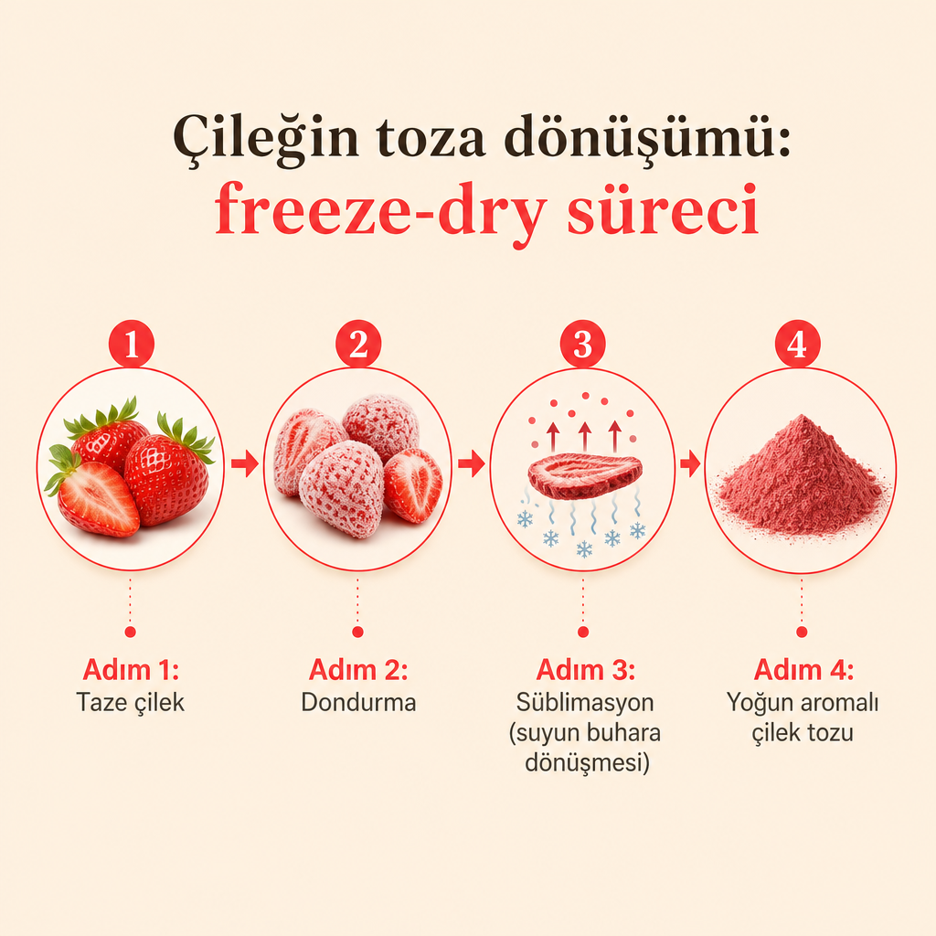 Taze çilekten yoğun çilek tozuna giden dört aşamalı freeze-dry süreç şeması