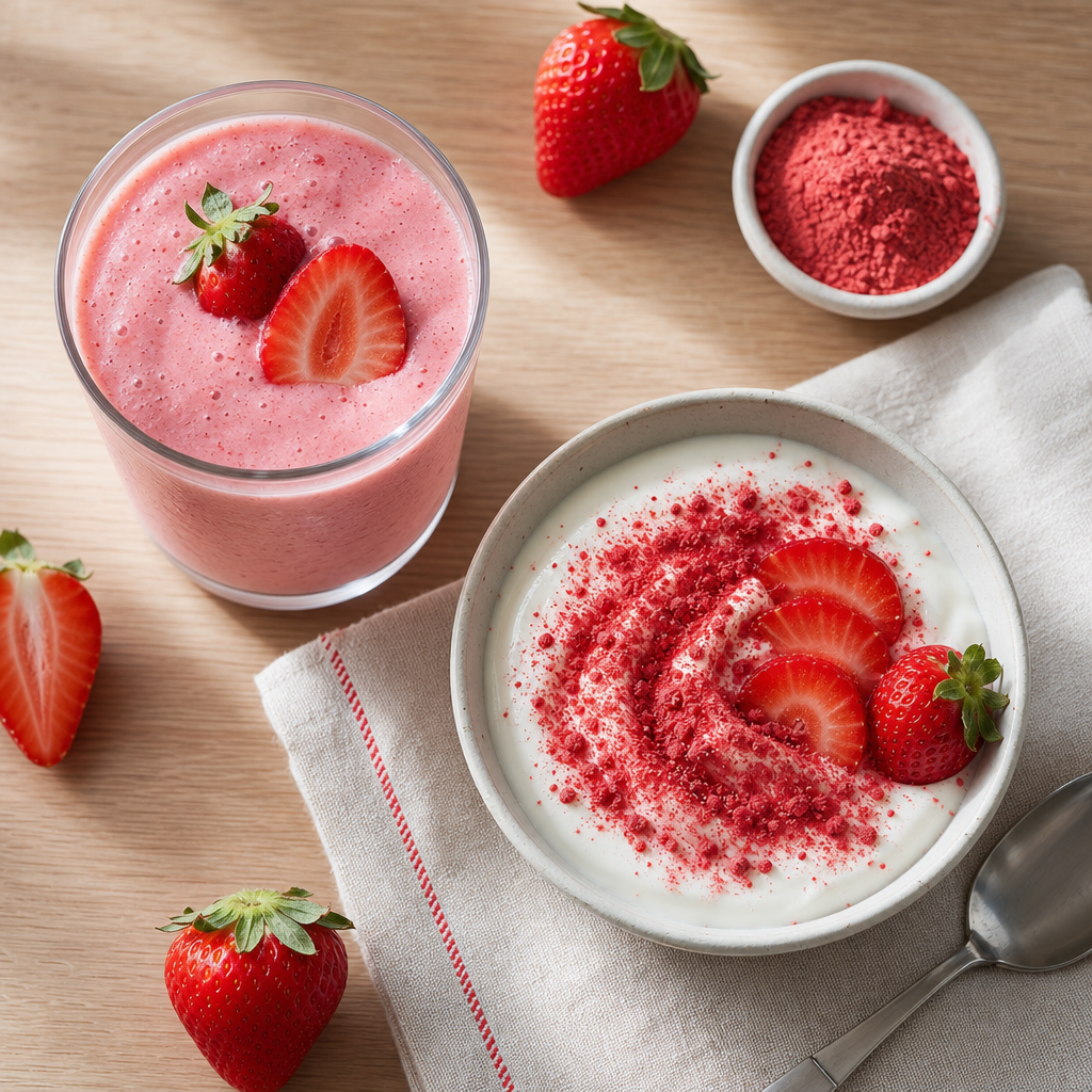 Çilek tozuyla hazırlanmış pembe smoothie ve üzeri çilek tozlu yoğurt kâsesi