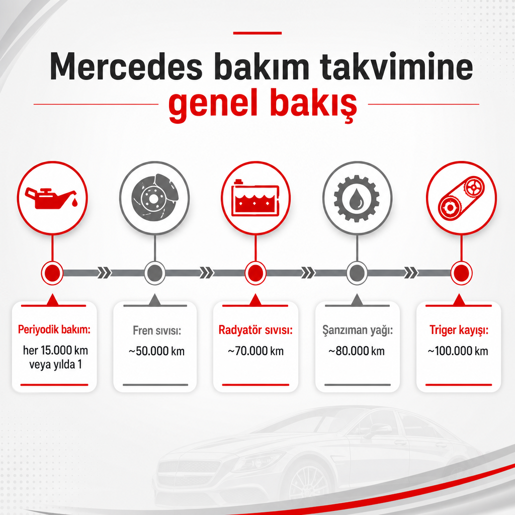 Mercedes bakım kalemlerini kilometreye göre gösteren bilgi grafiği