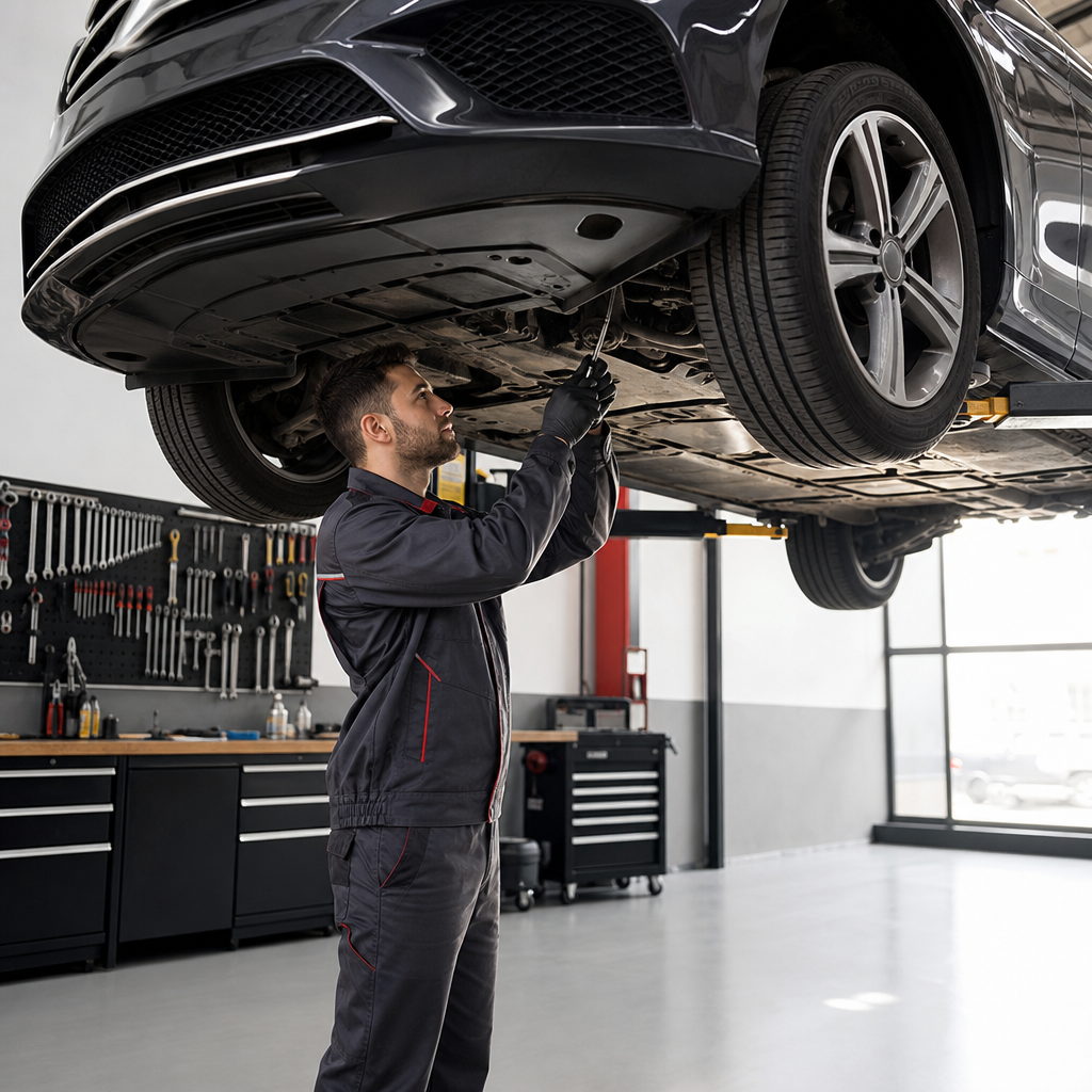 Atölyede kaldırıcıya alınmış araçta çalışan bir oto servis teknisyeni