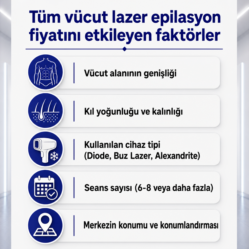 Fiyatı etkileyen beş ana faktörü sıralayan infografik: alan, kıl yapısı, cihaz, seans sayısı ve merkez