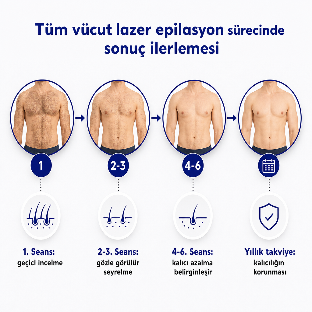 Seanslar ilerledikçe tüy yoğunluğunun azalmasını gösteren dört aşamalı süreç diyagramı