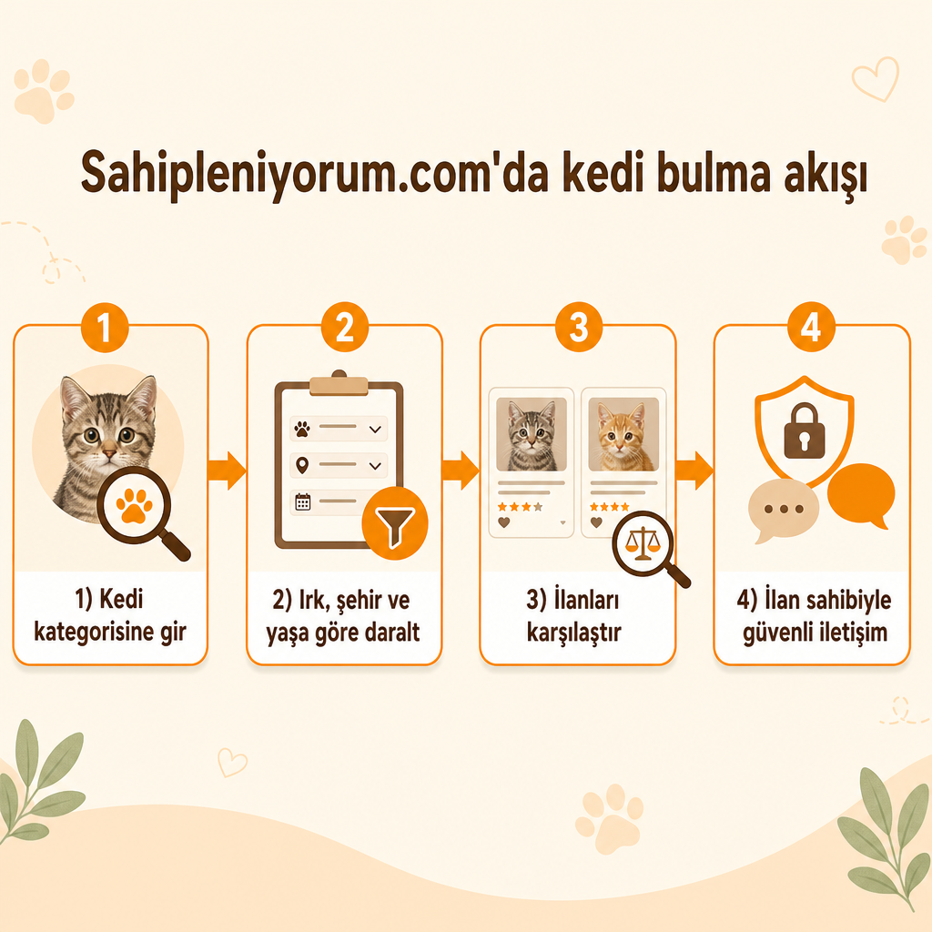 Kedi kategorisine girme, filtreleme, ilanları karşılaştırma ve iletişim adımlarını gösteren dört aşamalı süreç şeması