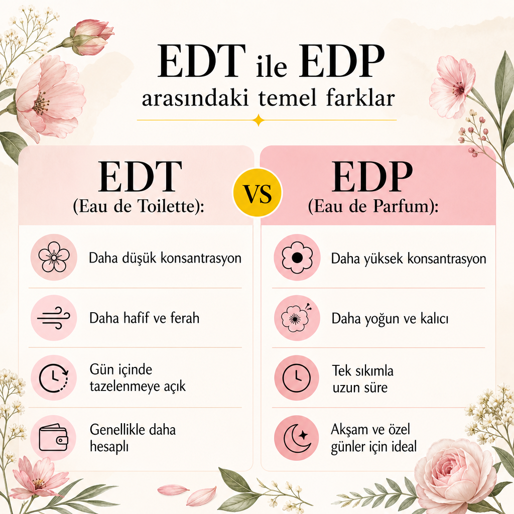 EDT ve EDP arasındaki konsantrasyon, kalıcılık ve kullanım farklarını gösteren bilgi grafiği