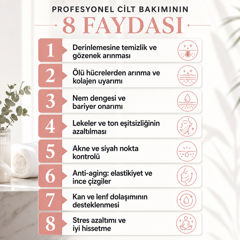 Profesyonel cilt bakımının sekiz temel faydasını sıralayan bilgi grafiği
