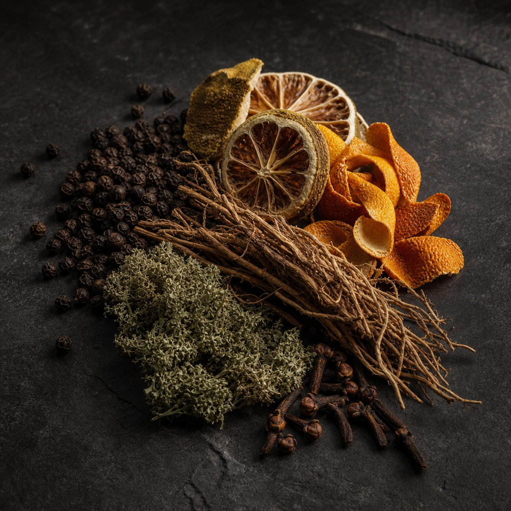 Kara biber, kurutulmuş bergamot ve portakal kabuğu, vetiver kökleri ve karanfille oluşturulmuş koyu tonlu maskülen koku kompozisyonu