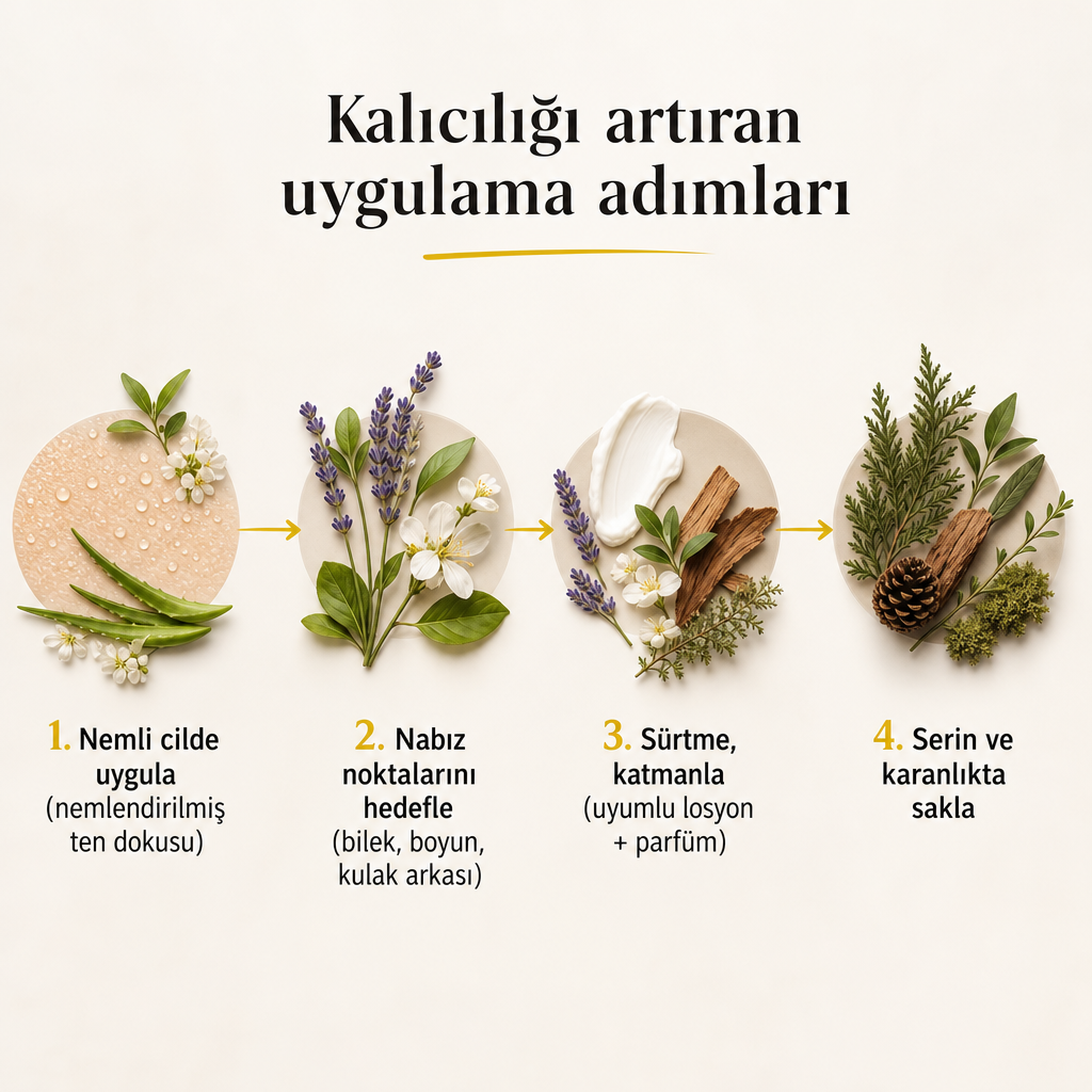 Nemli cilde uygulama, nabız noktalarını hedefleme, katmanlama ve serin ortamda saklama adımlarını gösteren dört aşamalı süreç görseli