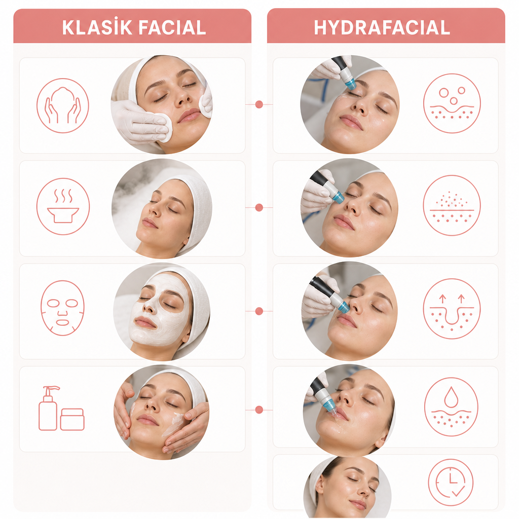 Klasik yüz bakımı ile hydrafacial adımlarını karşılaştıran iki sütunlu görsel