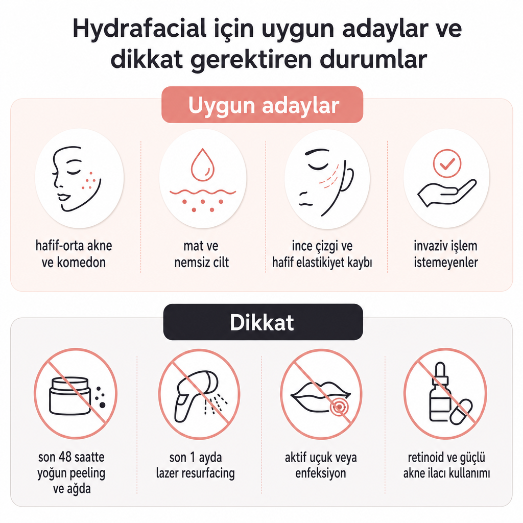 Hydrafacial için uygun adayları ve dikkat gerektiren durumları gösteren bilgi grafiği
