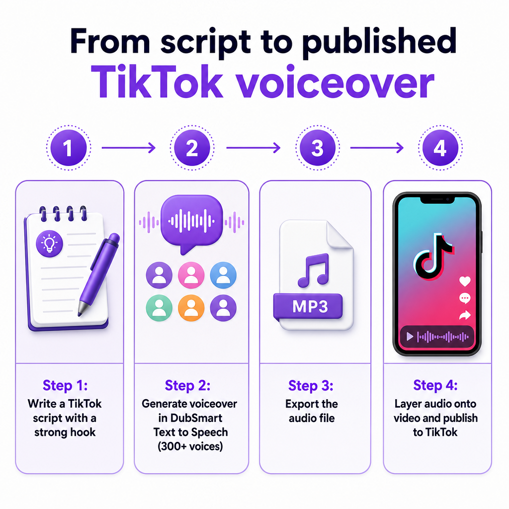 Senaryo yazmayı, DubSmart'ta seslendirme üretmeyi, sesi dışa aktarmayı ve TikTok'a yayınlamayı gösteren dört adımlı süreç