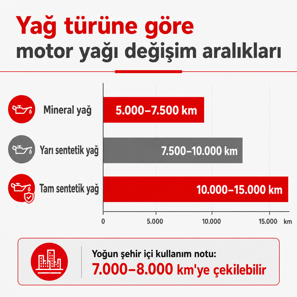 Mineral, yarı sentetik ve tam sentetik yağların önerilen değişim kilometrelerini karşılaştıran bar grafiği