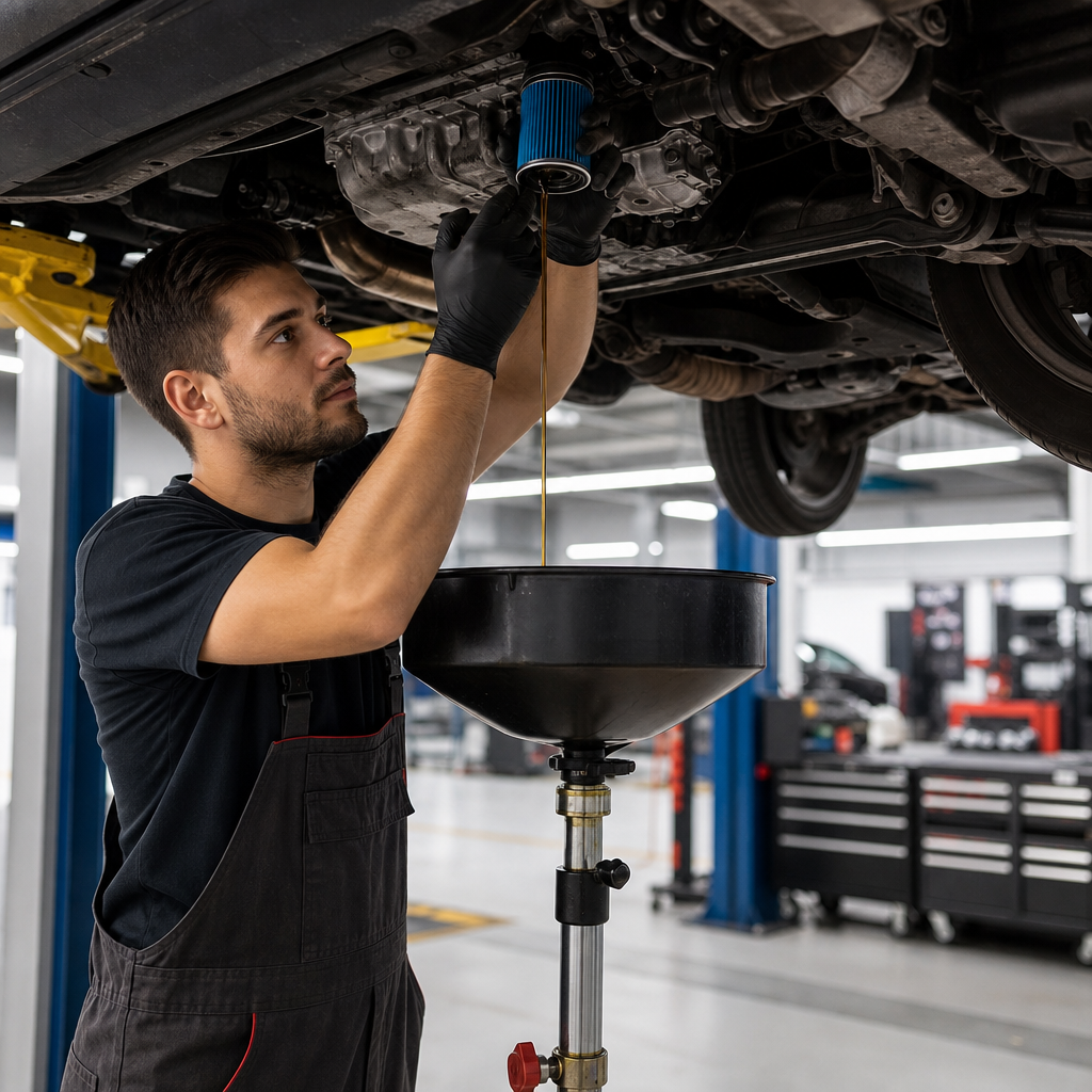 Oto serviste bir teknisyenin araçta motor yağı ve filtre değişimi yaptığı görsel