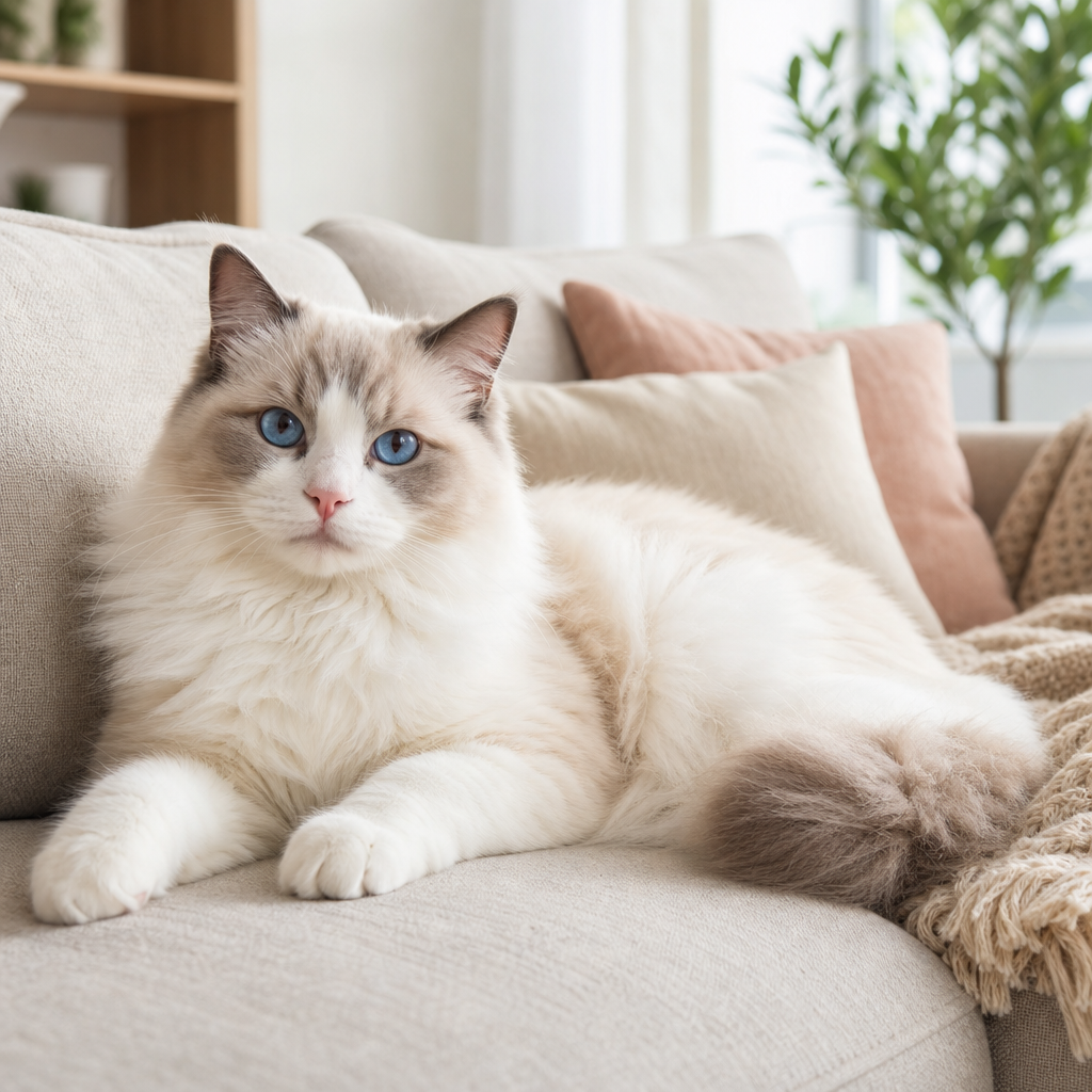 Kanepede rahatça uzanmış mavi gözlü açık tüylü bir ragdoll kedi
