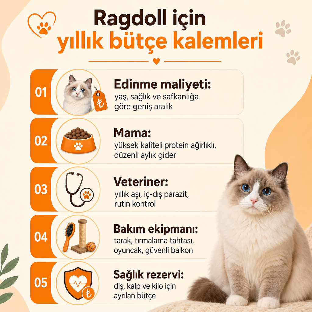 Ragdoll sahipliğinde edinme, mama, veteriner, ekipman ve sağlık rezervi gibi bütçe kalemlerini gösteren bilgi grafiği