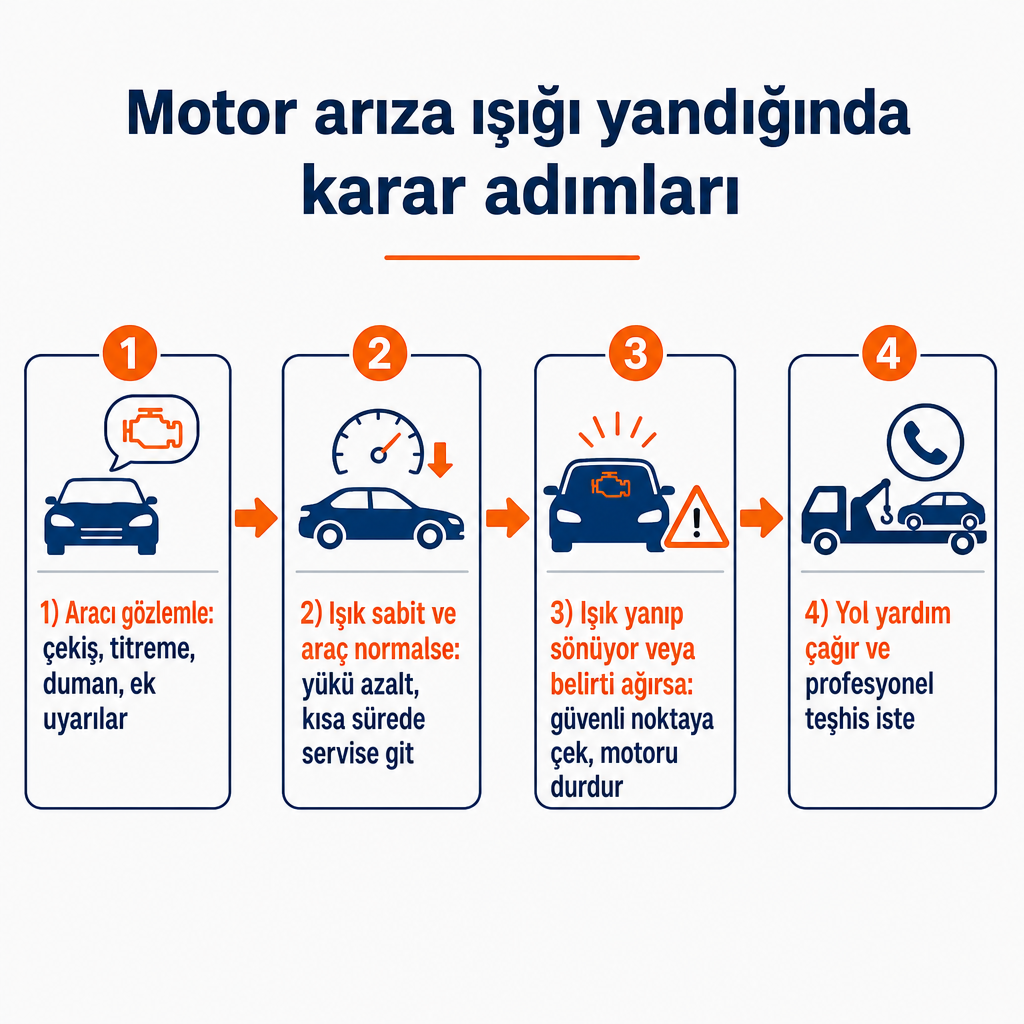 Motor arıza ışığı yandığında izlenecek dört aşamalı karar süreci diyagramı