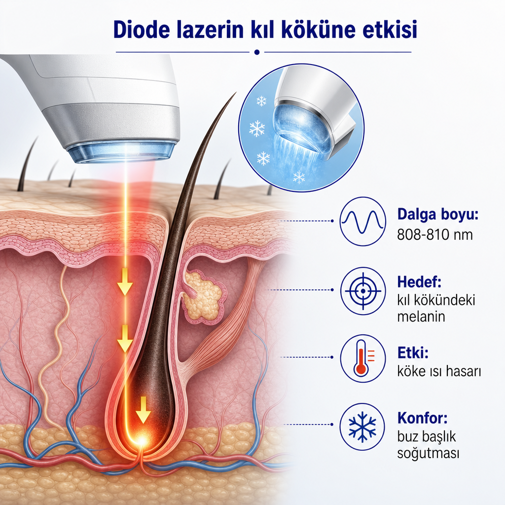 Diode lazer ışınının deri katmanlarından geçerek kıl köküne ulaşmasını ve buz başlık soğutmasını gösteren kesit çizimi