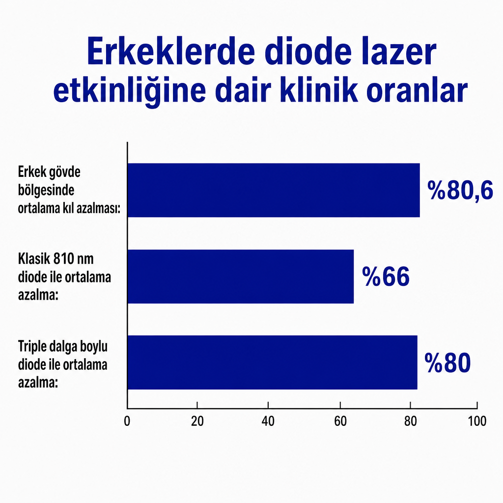 Erkeklerde diode lazerle elde edilen kıl azalma oranlarını karşılaştıran çubuk grafik