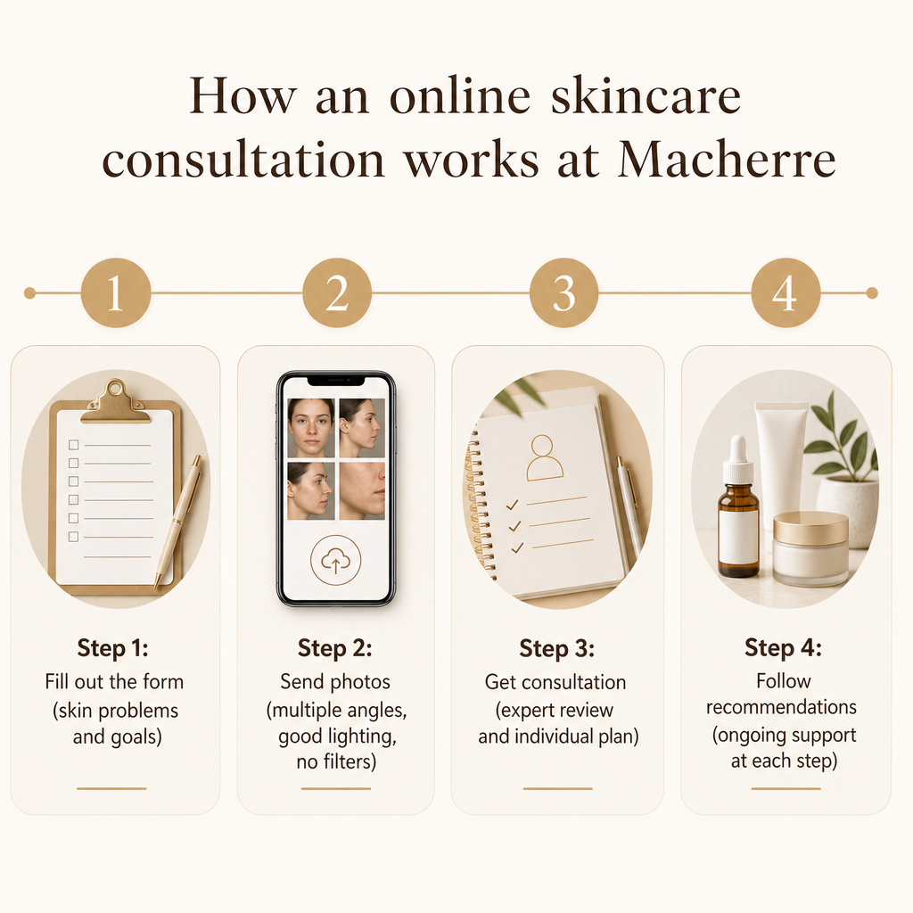 Four-step diagram showing form, photo upload, expert consultation, and follow-through