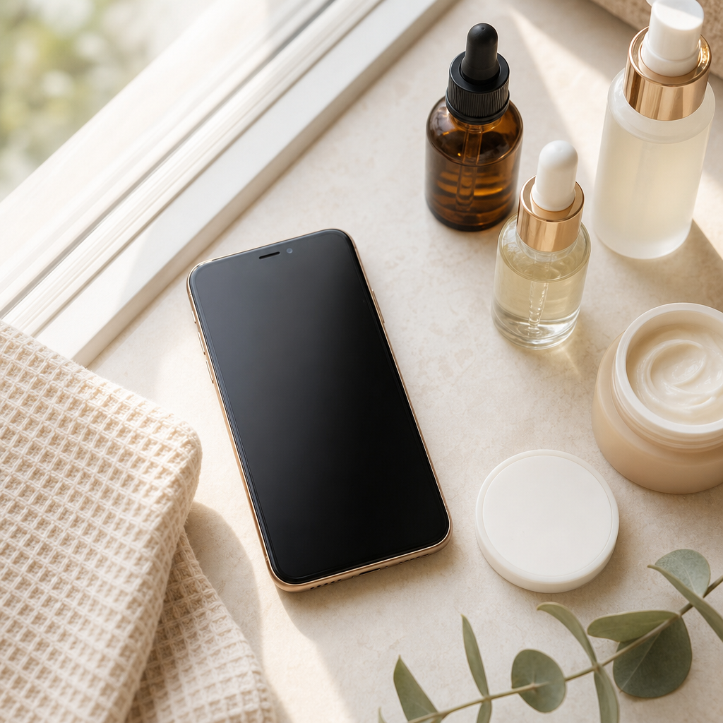 A phone and skincare products arranged near natural light, suggesting photo preparation for a remote consultation