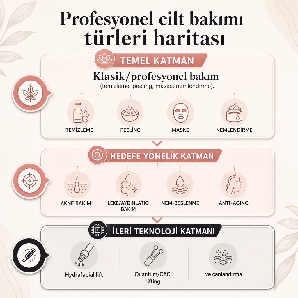 Profesyonel cilt bakımı türlerinin temel, hedefe yönelik ve ileri teknoloji olarak üç katmanda gösterildiği bilgi grafiği