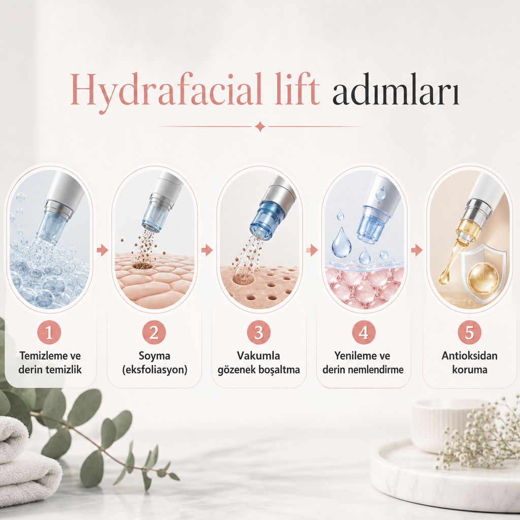 Hydrafacial lift bakımının beş adımını temizlemeden antioksidan korumaya sırayla gösteren süreç görseli