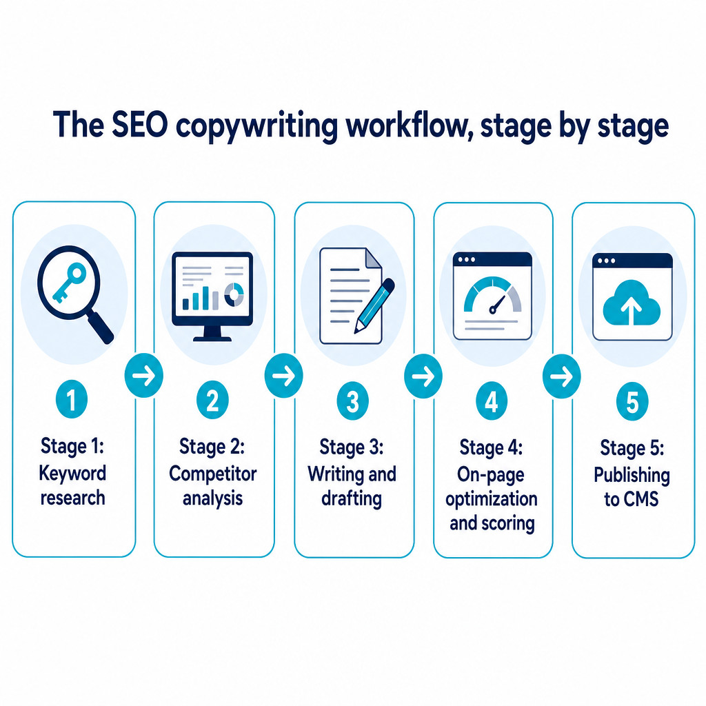 Diagrama horizontal de cinco etapas do fluxo de trabalho de SEO copywriting, da pesquisa de palavras-chave até a publicação