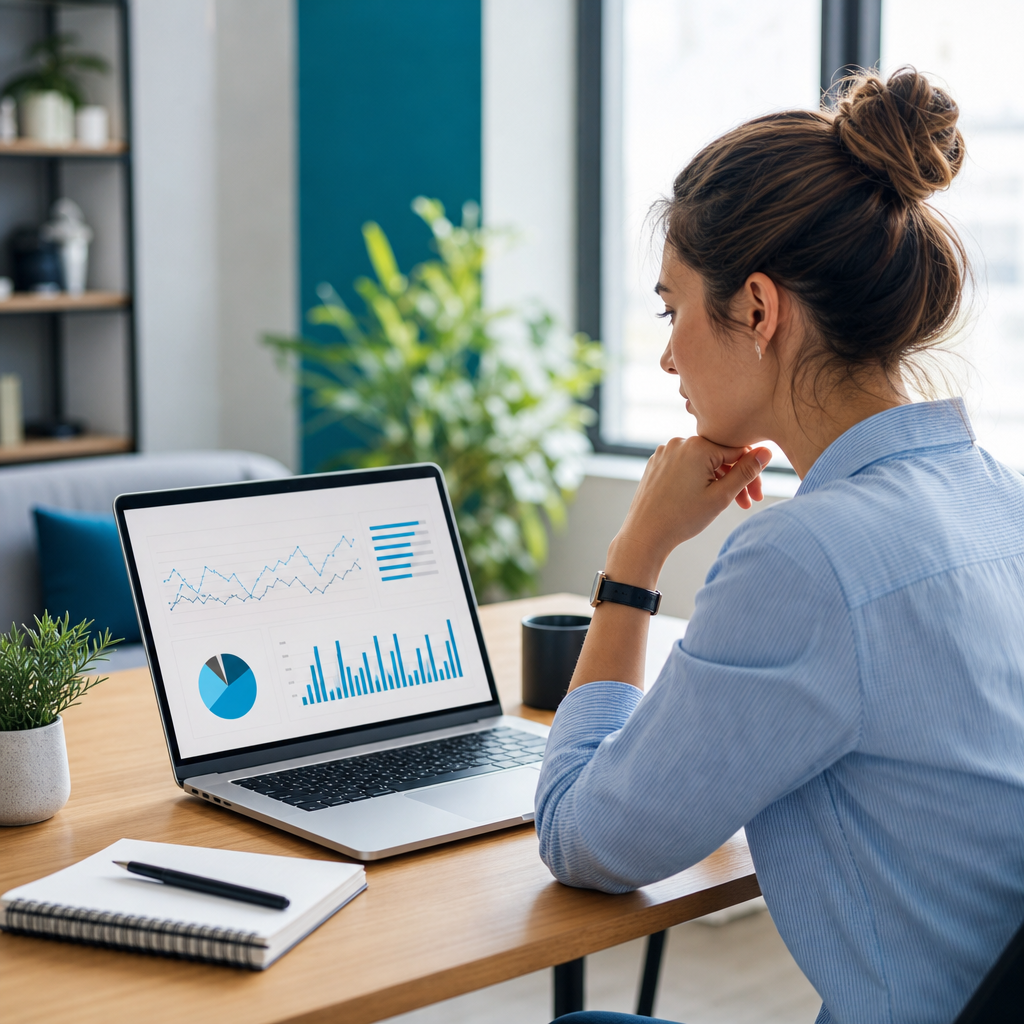 Um profissional de marketing em um laptop revisando análises de blog em um escritório iluminado