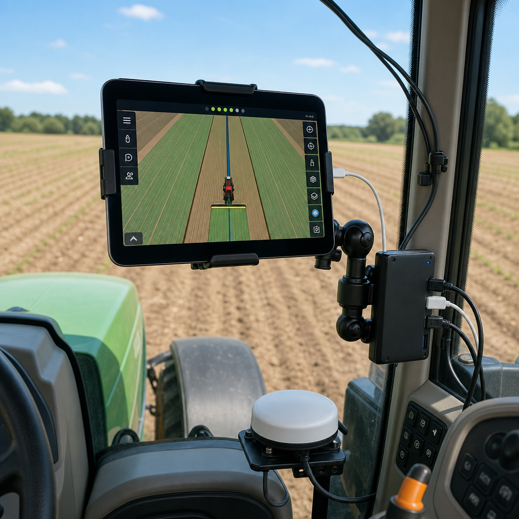 An iPad mounted in a tractor cab displaying field guidance, connected to a USB hub and GPS receiver.