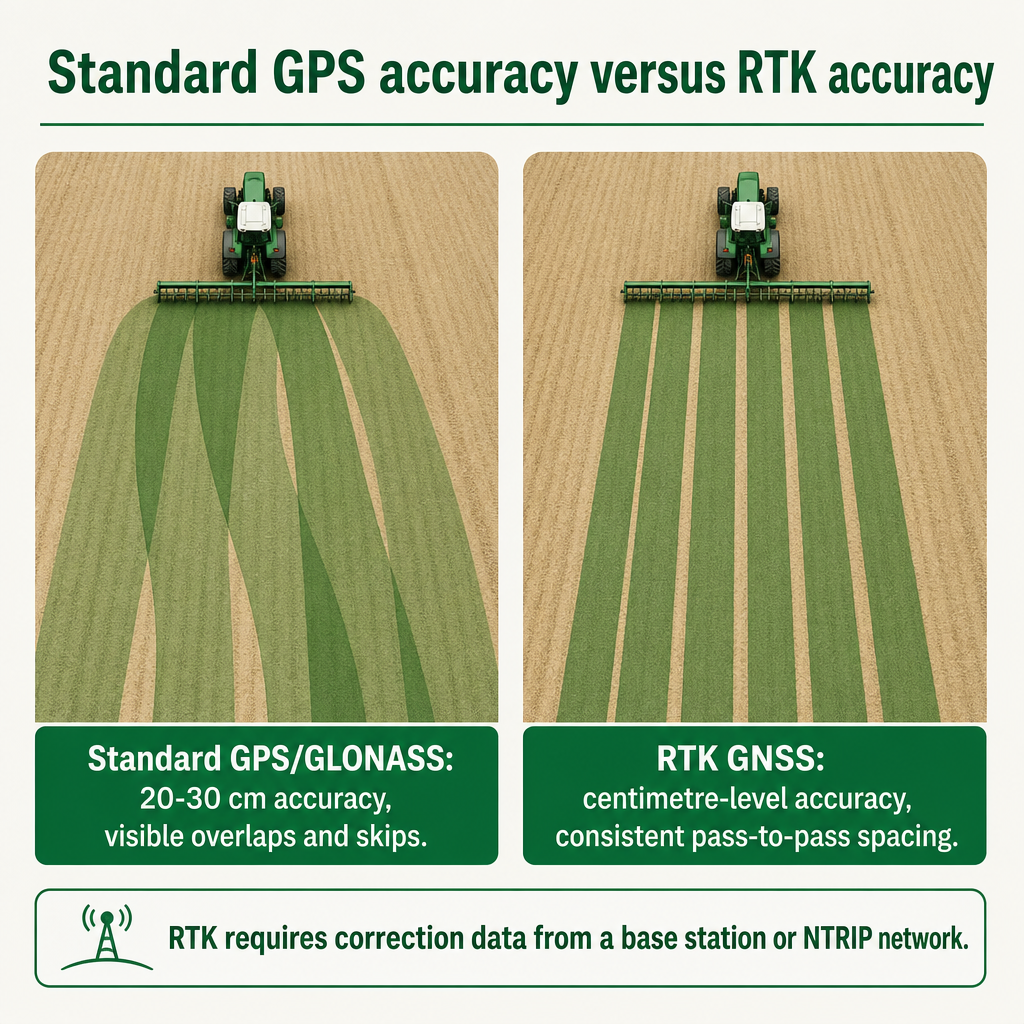 A comparison of a standard GPS pass with wide overlap against a precise RTK pass with even spacing.