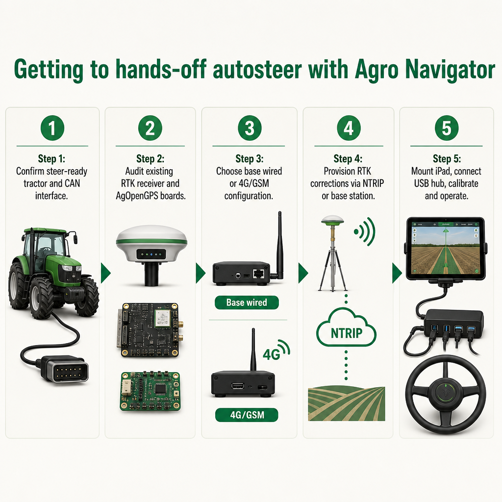 A five-step process from confirming a steer-ready tractor to calibrating and operating autosteer.