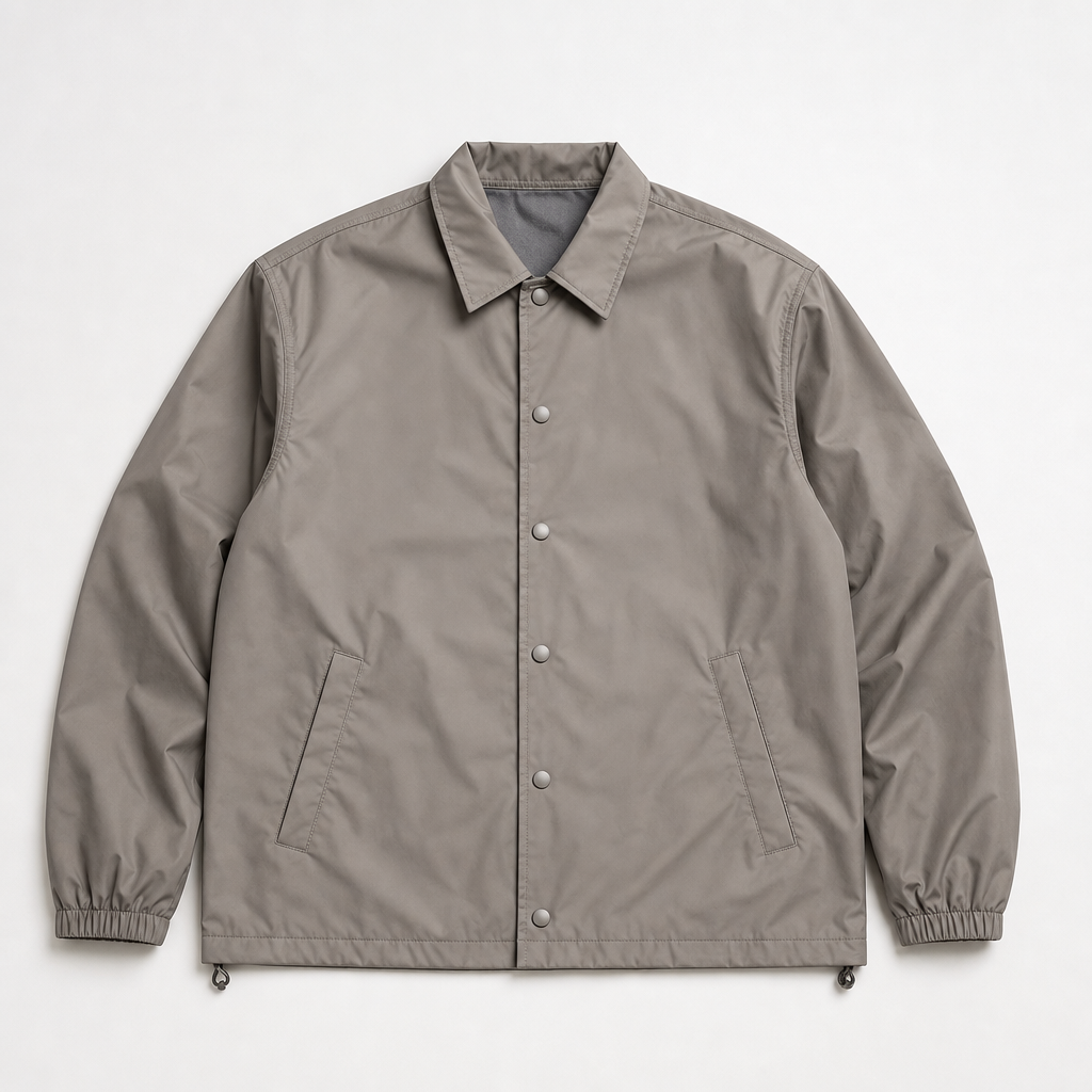 A neutral-colored coach jacket photographed flat, showing its snap-button front and pointed collar