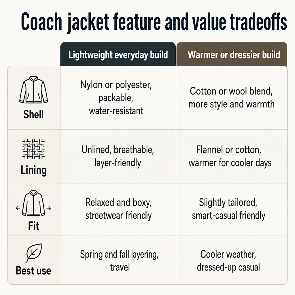A comparison of lightweight versus warmer coach jacket builds across shell, lining, fit, and best use