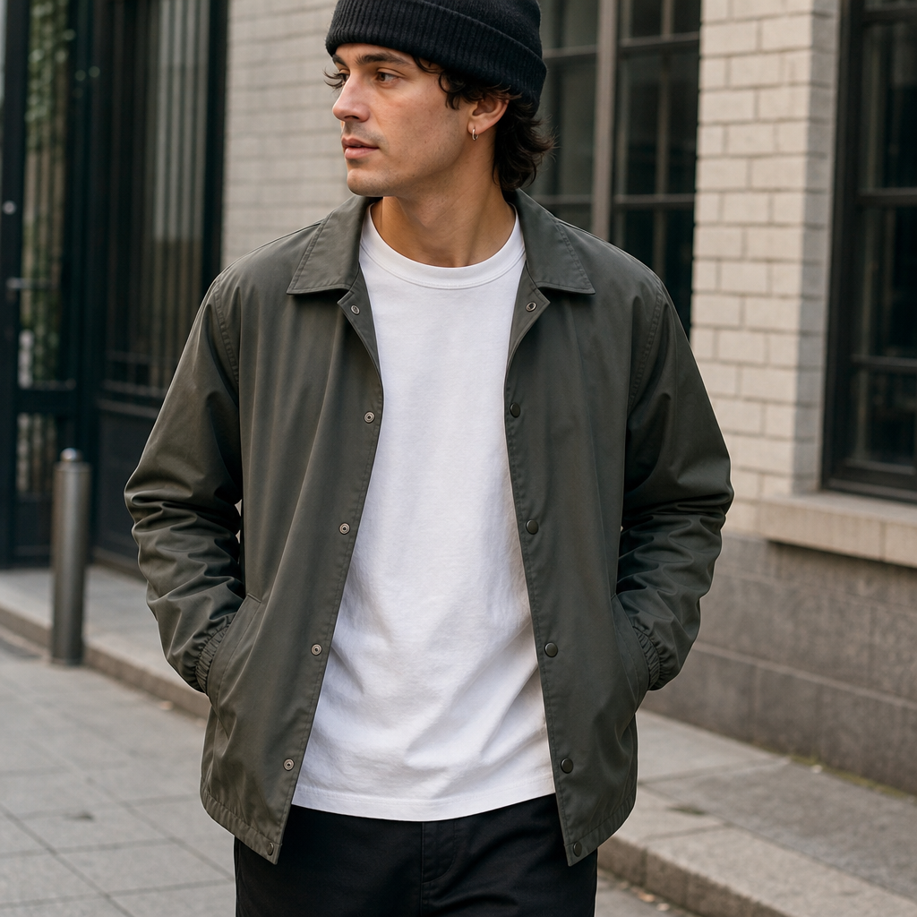 A coach jacket worn open over a plain T-shirt in a casual urban setting