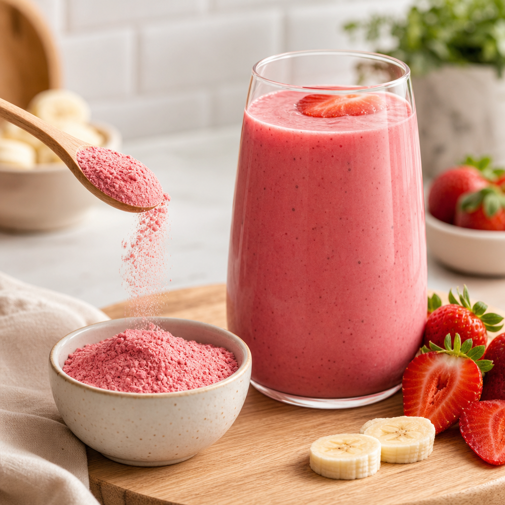 Bir bardak pembe smoothie ve yanında meyve tozuyla dolu küçük bir kase