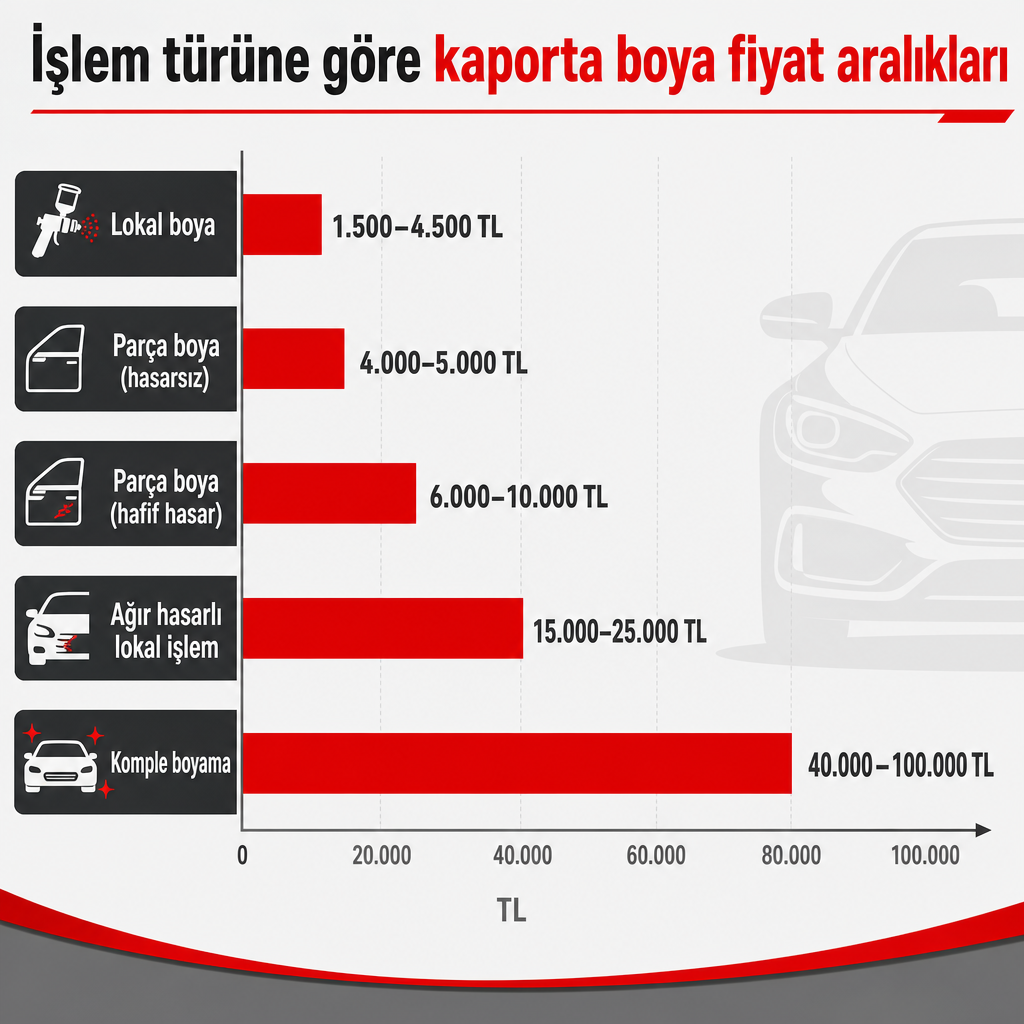 Kaporta boya işlem türlerine göre tahmini fiyat aralıklarını gösteren çubuk grafik