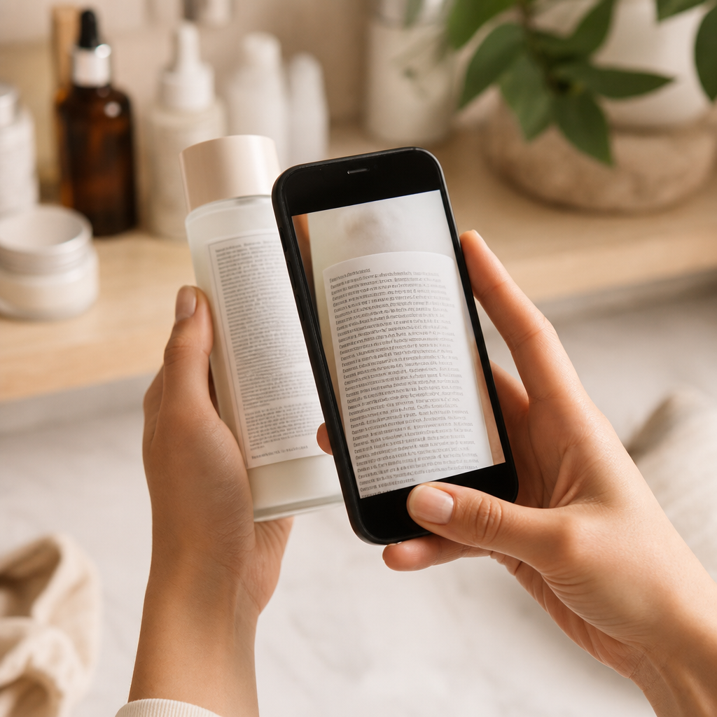A person scanning the ingredient list on the back of a skincare bottle with a phone