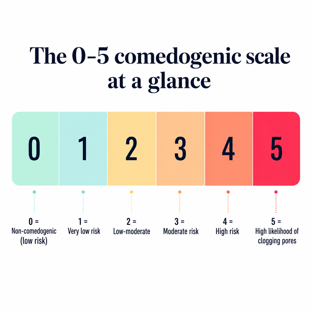 A bar showing the comedogenic scale from 0, non-comedogenic, to 5, high likelihood of clogging pores