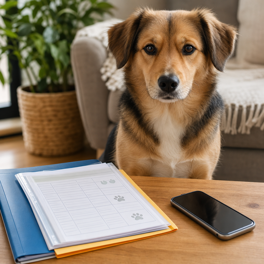 Aşı karnesi ve telefonun yanında oturan sakin bir köpek
