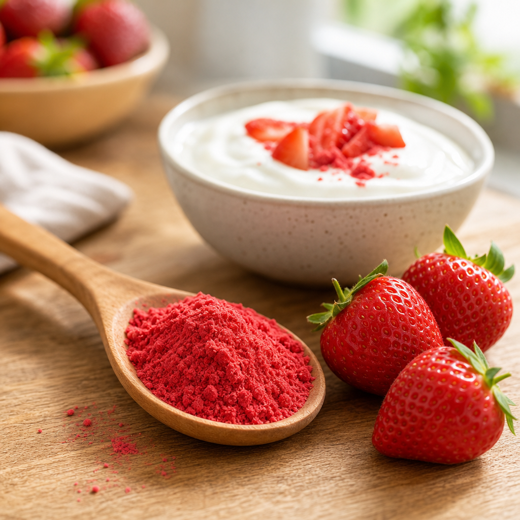 Tahta kaşıkta parlak kırmızı freeze dry çilek tozu ve yanında taze çilekler