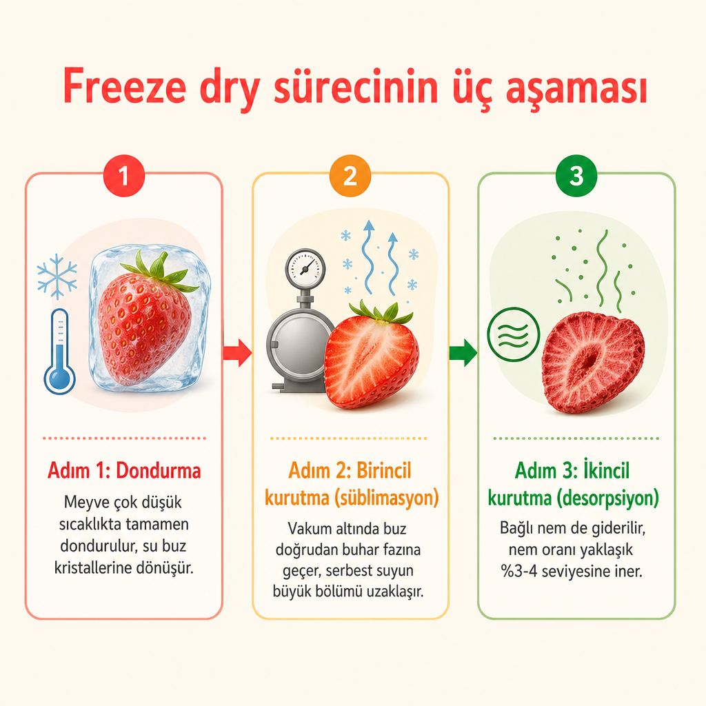 Freeze dry sürecinin dondurma, süblimasyon ve ikincil kurutma olarak üç aşamasını gösteren akış diyagramı