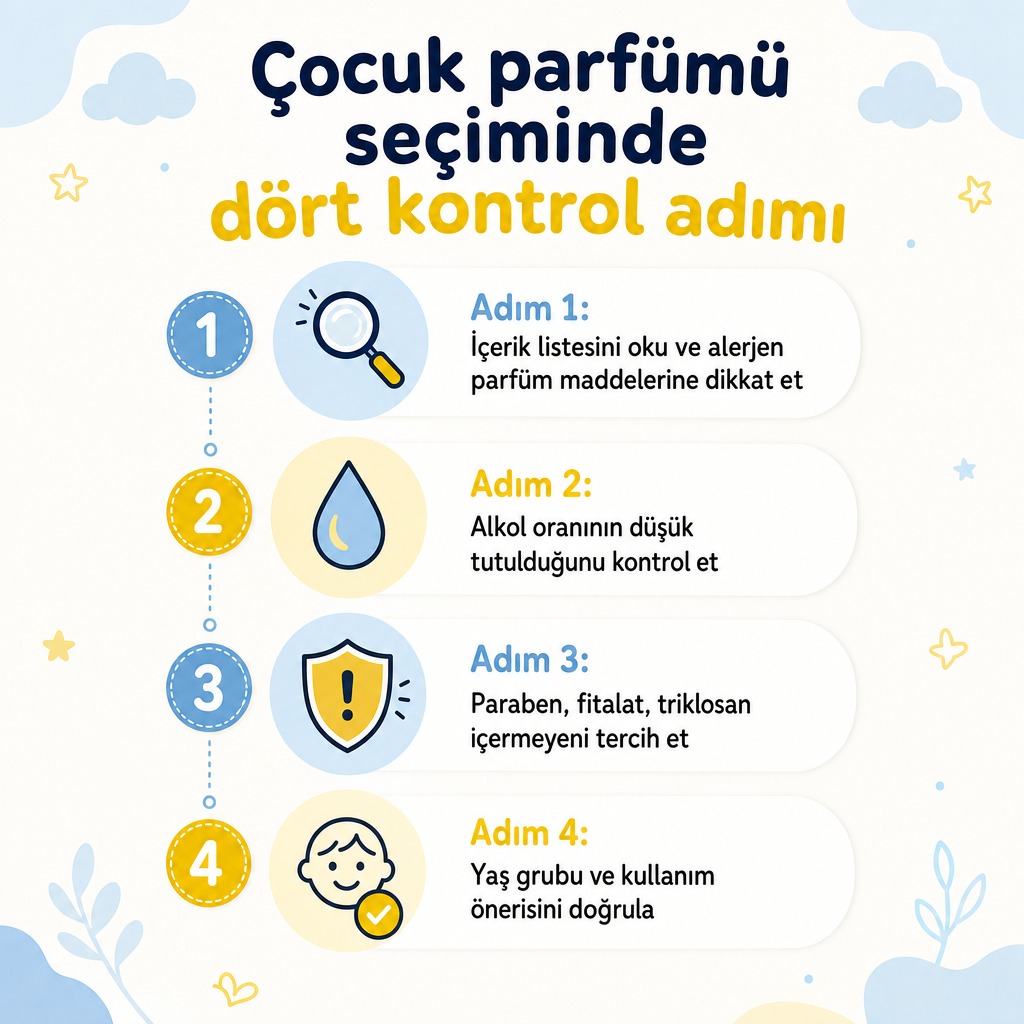 İçerik okuma, alkol kontrolü, zararlı bileşenlerden kaçınma ve yaş grubu doğrulaması adımlarını gösteren infografik