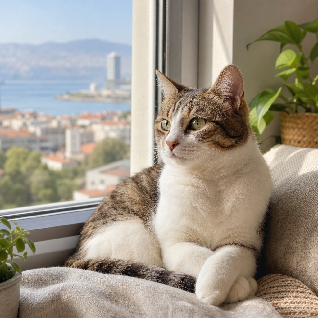 Pencere kenarında oturan sakin bir ev kedisi