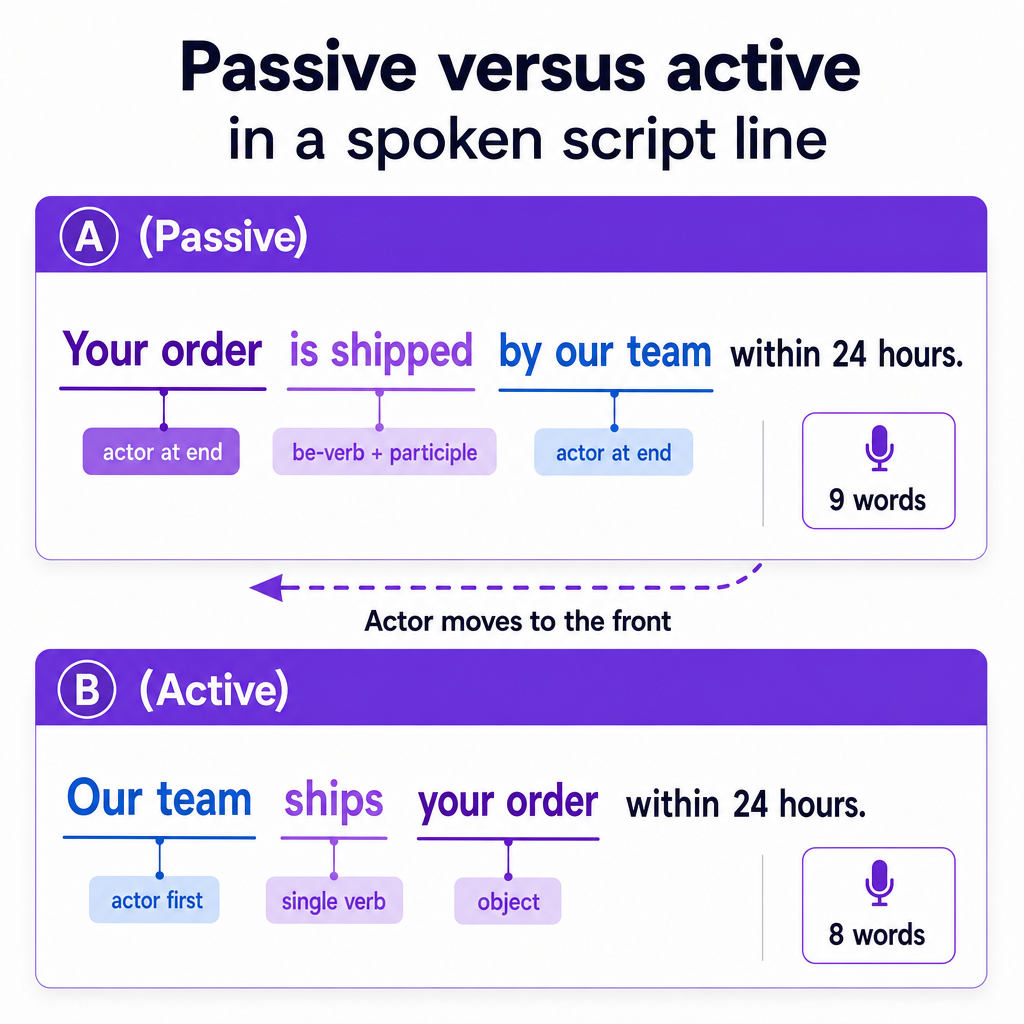 Comparação lado a lado de uma frase passiva e sua reescrita ativa mais curta, com as partes gramaticais identificadas.