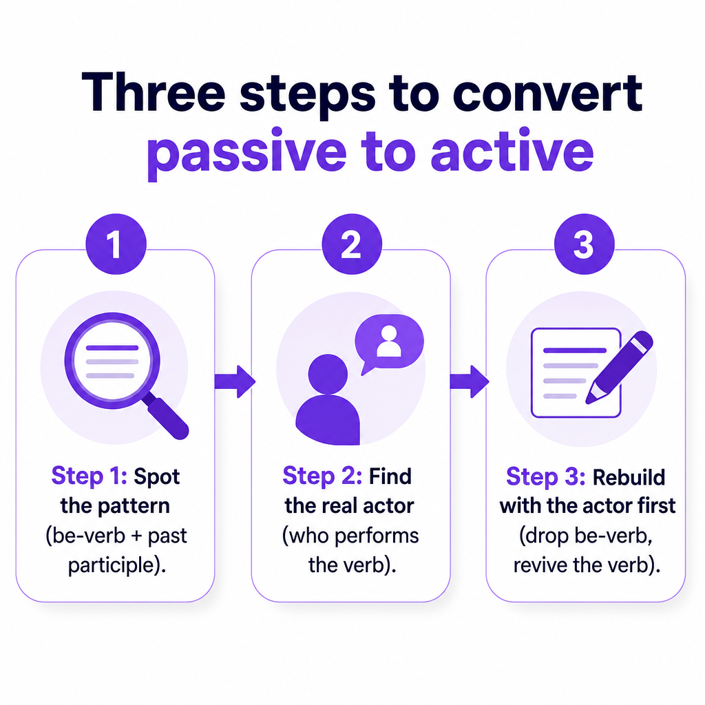 Diagrama de três passos mostrando como converter uma frase passiva em ativa, identificando o padrão, encontrando o agente e reconstruindo.