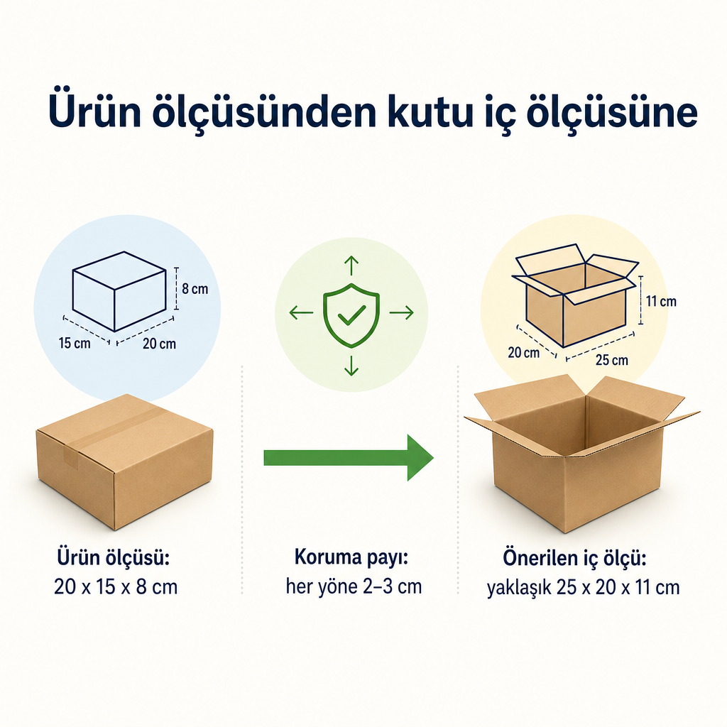Ürün ölçüsüne koruma payı eklenerek önerilen kutu iç ölçüsüne ulaşmayı gösteren diyagram