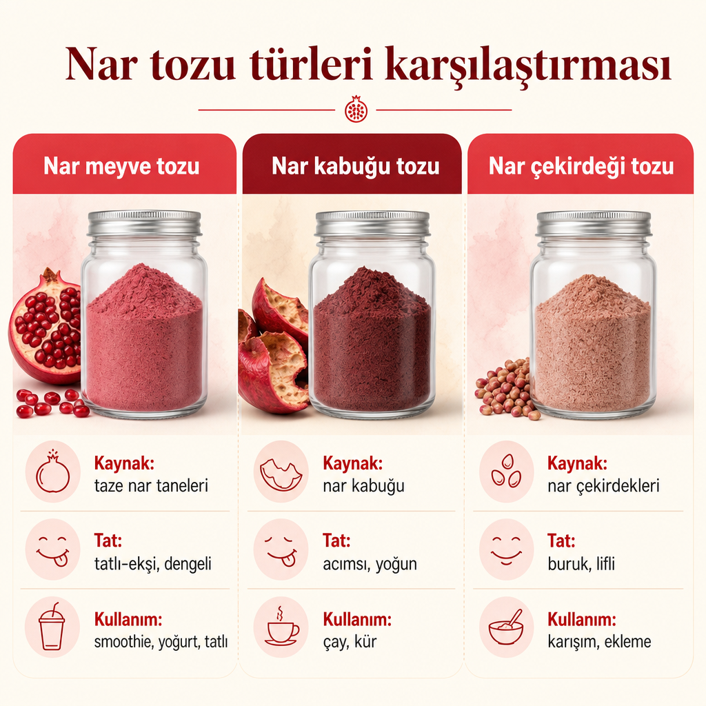 Nar meyve tozu, nar kabuğu tozu ve nar çekirdeği tozunu kaynak, tat ve kullanım açısından karşılaştıran görsel